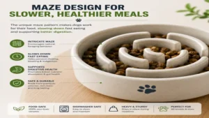 Close-up of a ceramic slow feeder dog bowl featuring an intricate maze pattern for portion control and slower feeding