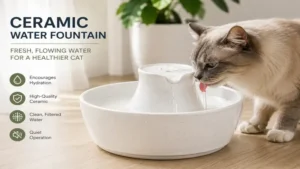 White ceramic water fountain cat designed to encourage daily hydration for indoor pets