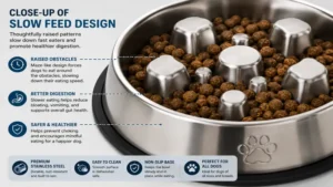 Detailed look at a dog bowl to slow eating stainless steel surface showing the durable slow-feed structure.