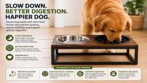 Dog using raised dog bowls slow feed setup to slow food intake and encourage better digestive health