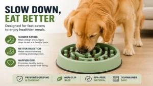 Dog using a dog bowl for fast eaters to reduce gulping and improve digestion.
