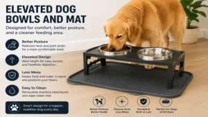 Elevated dog bowls and mat designed for comfortable feeding and reduced mess