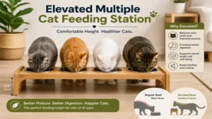 Elevated multiple cat feeding station designed to improve comfort and feeding posture for cats