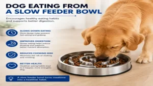 Dog eating from a metal slow feeder dog bowl to prevent fast consumption and support digestion