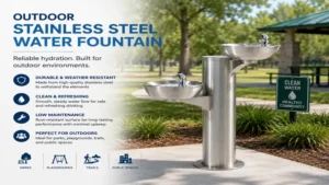 outdoor stainless steel water fountain providing clean drinking water in a park setting