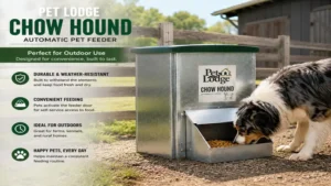 pet lodge chow hound installed outdoors providing reliable feeding access for dogs and farm animals