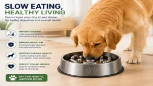 Golden retriever eating from a slow eating dog bowl stainless at home