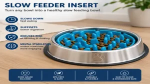 Slow feeder insert installed in a stainless steel dog bowl for healthier mealtime