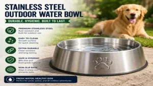 Stainless steel outdoor water bowl for dogs designed for durability and easy cleaning.