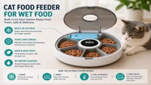 cat food feeder for wet food featuring a built-in ice pack system to keep meals fresh and safe longer