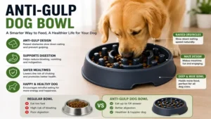 Dog bowl for fast eaters with an anti-gulp design that promotes safer mealtimes.