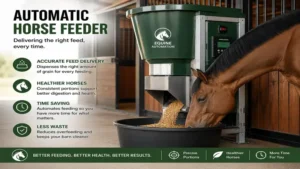 automatic horse feeder dispensing grain portions into feeding troughs