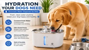Dog using an automatic water dispenser for pets for clean, fresh water throughout the day.