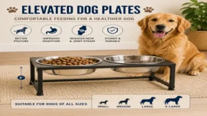 Elevated dog plates with a raised stand to improve feeding posture