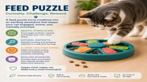 Cat exploring a feed puzzle to satisfy natural foraging instincts and stay mentally engaged during meals