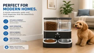 Stylish automatic water and food dispenser for dogs placed in a modern living room