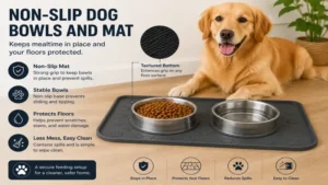 Non-slip dog bowls and mat helping keep food and water bowls securely in place