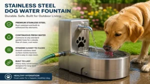 Stainless steel outdoor dog water drinking fountain connected to a garden hose