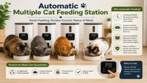 Automatic multiple cat feeding station with controlled portions and separate feeding zones