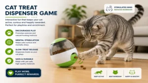cat interacting with a treat dispenser during a fun indoor play session