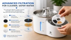 Filter replacement inside an automatic water dispenser for pets to maintain clean drinking water.