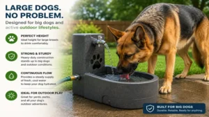 Large breed dog using an outdoor dog water drinking fountain during outdoor playtime