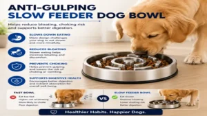 Anti-gulping metal slow feeder dog bowl helping reduce bloating and improve mealtime behavior