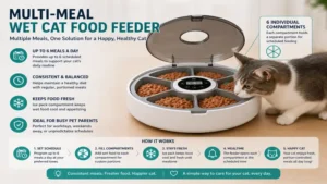 cat food feeder for wet food offering multiple meal compartments for scheduled feeding throughout the day