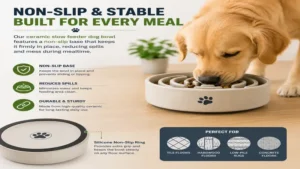 Durable ceramic slow feeder dog bowl with a non-slip base that keeps the bowl stable during mealtime