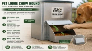 pet lodge chow hound feeding mechanism demonstrating how pets access food through the self-service door