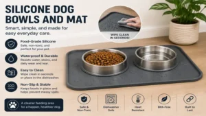 Silicone dog bowls and mat combination for easy cleaning and floor protection