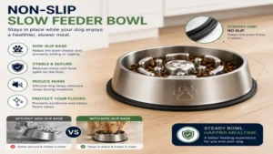 Non-slip slow eating dog bowl stainless placed on a kitchen floor during mealtime