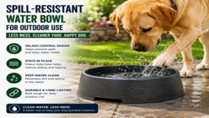 Spill-resistant outdoor water bowl for dogs helping reduce splashes and keep water clean outdoors.