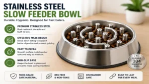 Stainless steel dog bowl for fast eaters with a durable slow feeding insert.