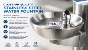 close-up view of a stainless steel water fountain highlighting premium stainless steel finish