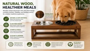 Wooden raised dog bowls slow feed station combining stability, comfort, and controlled feeding for dogs
