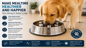 Happy dog enjoying mealtime with a dog bowl to slow eating stainless steel feeder that supports healthier eating habits.