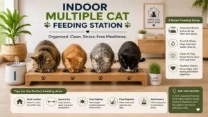 Indoor multiple cat feeding station setup with neatly arranged food and water bowls