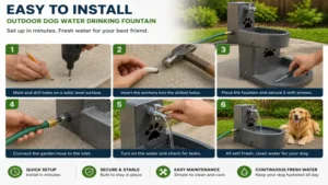 Installation process of an outdoor dog water drinking fountain in a backyard