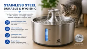 Stainless steel automatic water dispenser for pets featuring a quiet pump and continuous water circulation.