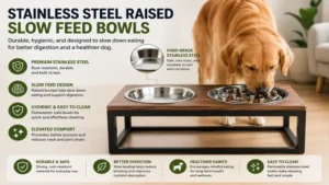 Raised dog bowls slow feed system featuring durable stainless steel bowls for hygienic and healthy mealtimes