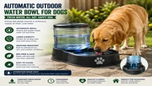 Automatic outdoor water bowl for dogs delivering a continuous supply of fresh water.