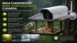 bird surveillance camera operating outdoors in rain and harsh weather with a durable weatherproof design
