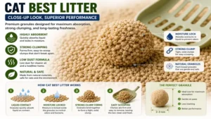 Close-up of cat best litter granules showing texture, absorption, and clumping performance