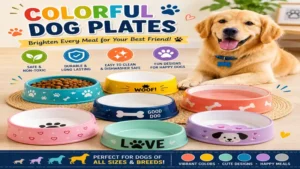 Colorful dog plates available in various shapes and sizes for pets