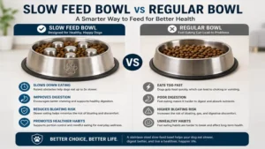 Comparison image featuring a dog bowl to slow eating stainless steel product versus a regular dog bowl.