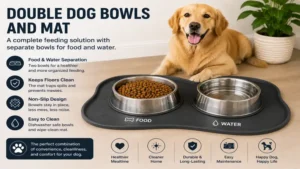 Double dog bowls and mat set with separate bowls for food and water
