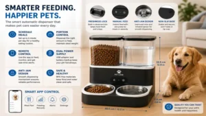 Advanced automatic water and food dispenser for dogs featuring smart controls and safe feeding technology