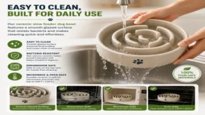Easy-to-clean ceramic slow feeder dog bowl with smooth glazed surface, food-safe material, and dishwasher-safe design