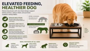 Raised dog bowls slow feed solution designed to reduce neck strain and promote healthier eating posture